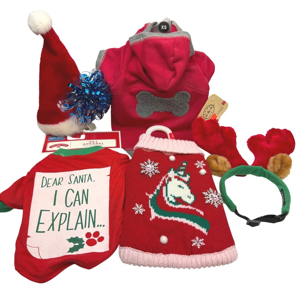 Holiday Time Pet Apparel Small, XS Red Christmas Outfit Bundle Dog Cat Sweater